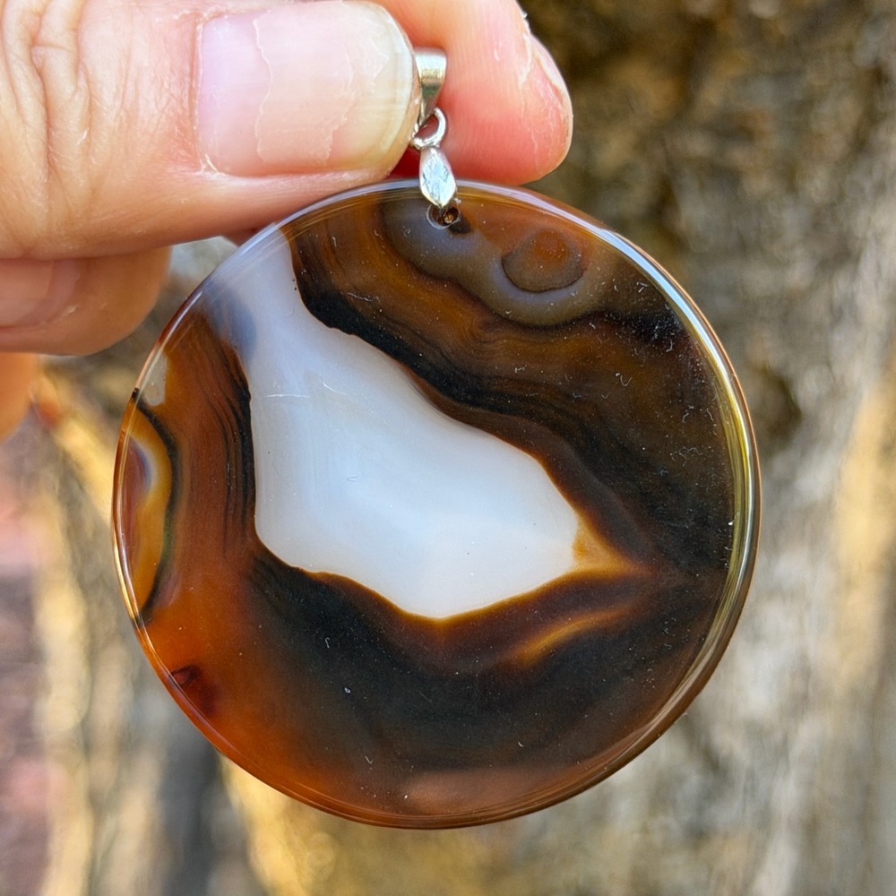 Sterling silver 925 stamped‎ unique round agate pendant 0985